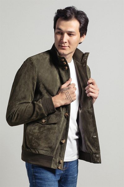 Deriderim Green Knox Men's Buttoned Lined Waist and Sleeve Knitwear College Genuine Suede Coat