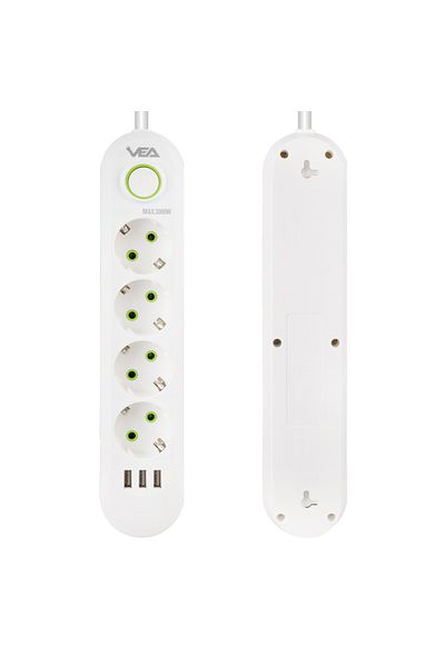 VEA Va-21560 4-Piece 3 USB 1.5 Meter Surge Protected Socket White
