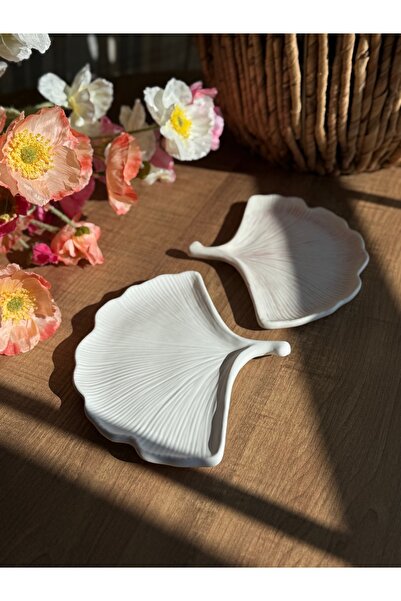 Gingko Yaprak Görünümlü Dekoratif Tabak 1 ADET /  Beyaz