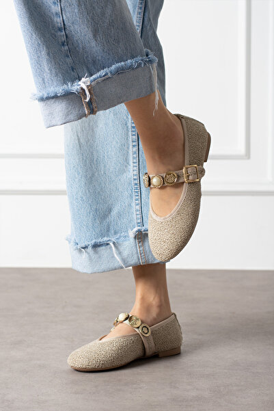 NOVİNS Women's Buckle Detailed Comfortable Linen Fabric Stylish Daily Ballerina Shoes