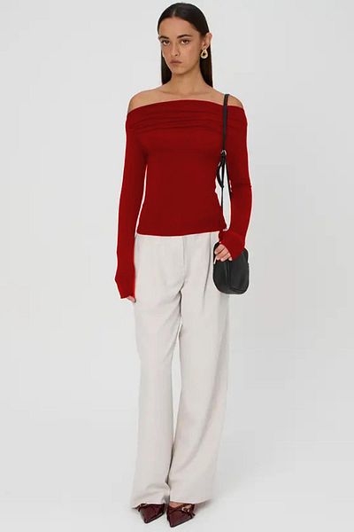 Seeh Red Boat Neck Gathered Women's Body Sh225