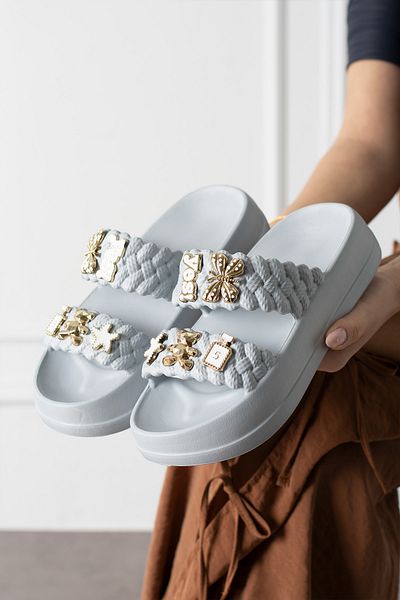 NOVİNS Women's Stylish Figured Buckle Detailed High Sole Eva Comfortable Slippers