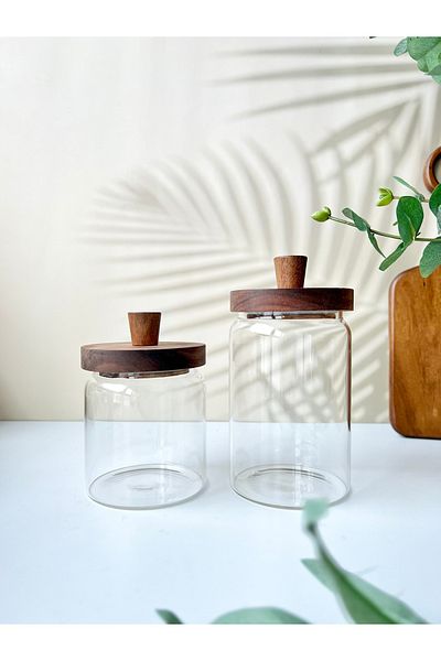 Mottogo Set of 2 Acacia Vacuum Lid Glass Jars (700ml & 450ml)