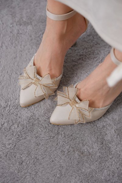CAMOLLA Nude Satin Women's Elegant Evening Heeled Shoes with Rhinestones
