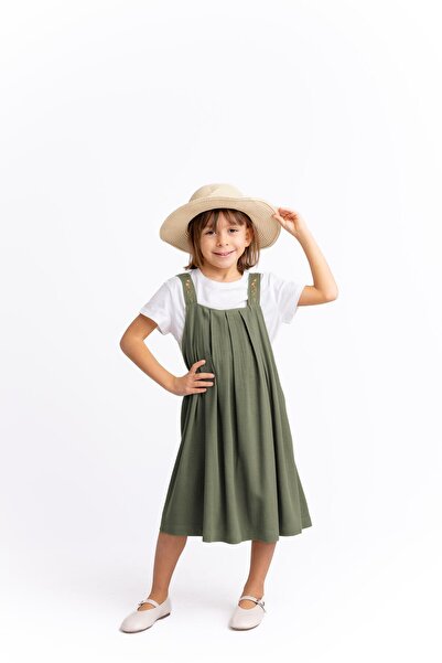 Oliven The Kid Vezena Lan - Devojčica haljina sa kaki naramenicama