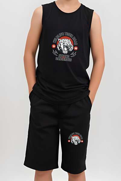 FYK COLLECTİON Strongs Dangerous Printed Boys' Suspender T-Shirt and Shorts Top and Bottom Set