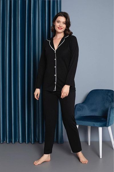 Merry Secret's Costum de pijama pentru femei, 100% bumbac, cu mâneci lungi, cu nasturi în față