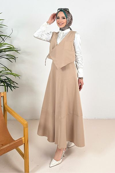 Bestenur Leris Vest Skirt Double Set 1346 - Stone