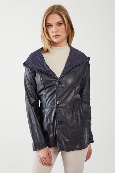 Deriderim Navy Blue Jena Women's Fixed Hooded Buttoned Unlined Leather Inside Double Sided Genuine Suede Coat