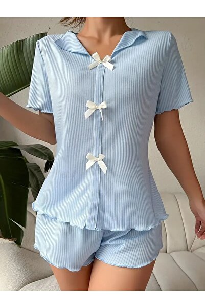 BELLA NOTTE V Yaka Pamuklu Fiyonk Detaylı Pijama Takımı