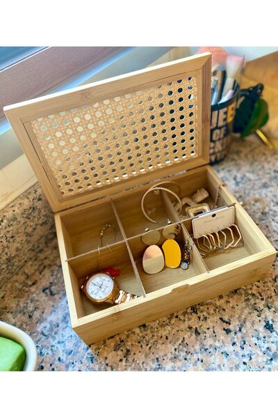 ALLEGRI Bambu 6 Bölmeli Kapaklı Poşet Çay Saklama Kutusu Aksesuar Takı Düzenleyici Organizer