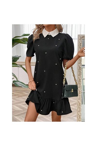 JANES Women's Short Sleeve Neckline Pearl Detail Short Imported Crepe Dress