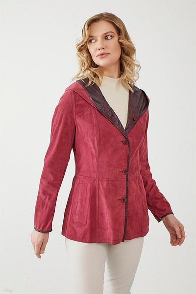 Deriderim Claret Red Jena Women's Fixed Hooded Buttoned Unlined Leather Inside Double Sided Genuine Suede Coat