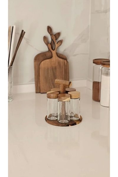 vanilinkitchen Mine 5 Pcs Acacia Stand Spice Rack Glass Spice Rack Set with Acacia Lid