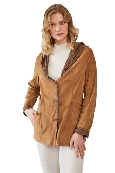Deriderim Mustard Jena Women's Fixed Hooded Buttoned Unlined Leather Double-Sided Genuine Suede Coat