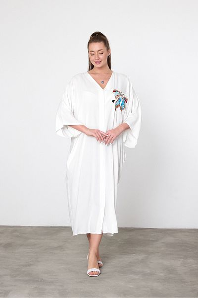 Denismoda Women's V Neck Butterfly Embroidery Detail Buttoned Plus Size Shirt Dress