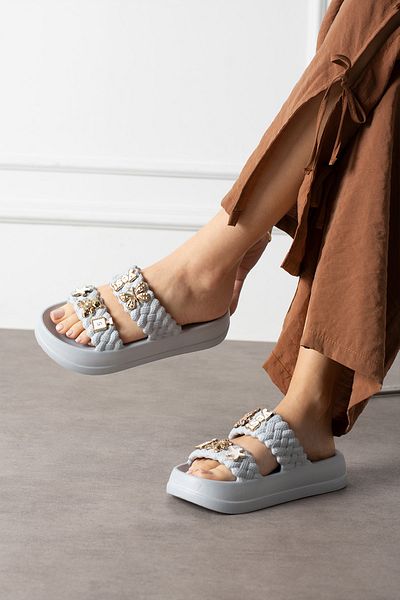 NOVİNS Women's Stylish Figured Buckle Detailed High Sole Eva Comfortable Slippers