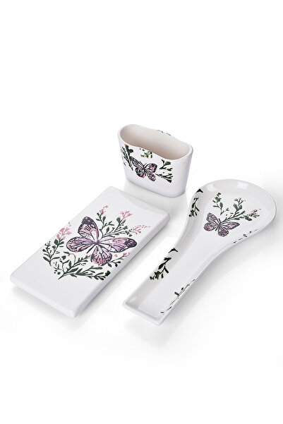Piatti Naturali Σετ κουζίνας 3 τεμαχίων με σχέδιο πεταλούδας, μαξιλαράκι για κουτάλια, μαξιλαράκι για σφουγγάρι, βάση για τηγανιέρα