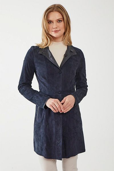 Deriderim Carrol Navy Blue Women's Double Sided Genuine Suede Coat