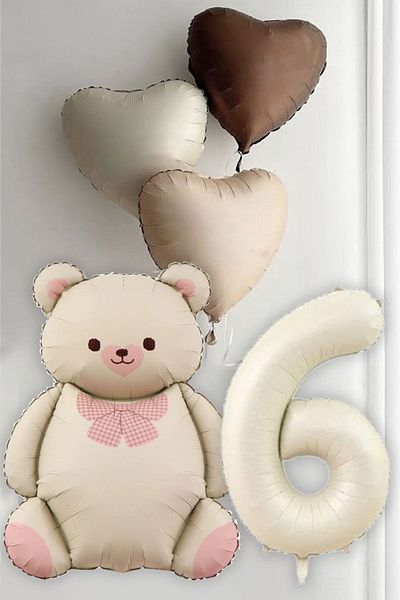 Atölye Mi 6 Year Old Birthday Cream Bow Tie Bear and 3 Retro Heart Balloons Balloon Set