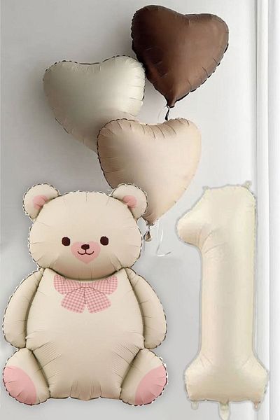 Atölye Mi 1St Birthday Cream Balloon Set with Bowtie Bear and 3 Retro Heart Balloons