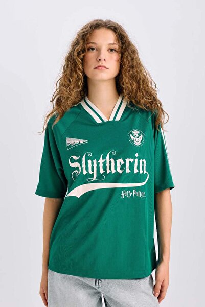 DeFacto Harry Potter Oversize Geniş Kalıp V Yaka Baskılı Forma Kumaşı Kısa Kollu Tişört D9151AX25SM