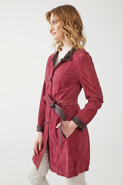 Deriderim Carrol Burgundy Women's Double Sided Genuine Suede Coat