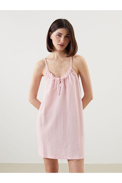 LC Waikiki Lcw Dream Pink V-Neck Textured Sling Women's Nightgown