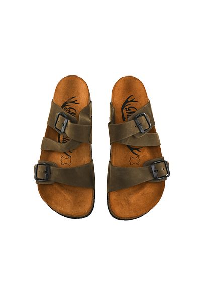 Moosefield Genuine Leather Khaki Green Women's Slippers