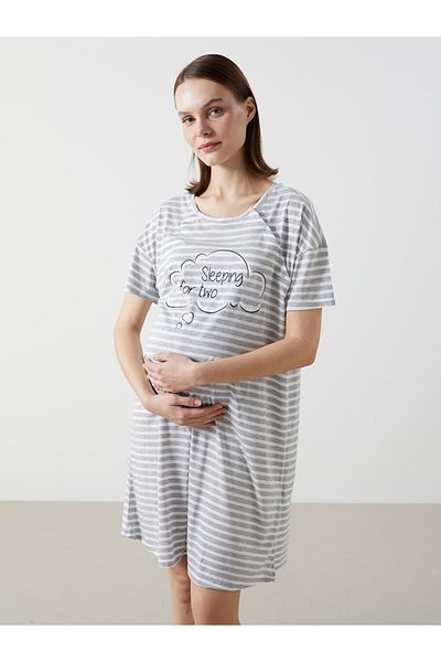 LC Waikiki Lcw Dream Gray Crew Neck Striped Maternity Nightgown