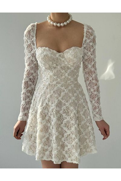 Julidress White Chest Deck Covering Floral Detail Lined Mini Premium Dress