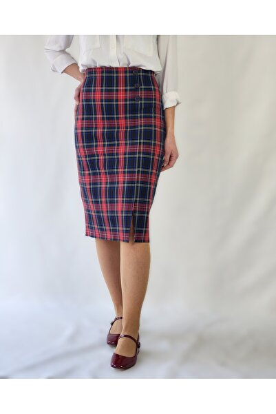 YAXİ DÜĞMELİ YIRTMAÇLI KIRMIZI EKOSE DESENLİ MİDİ DOKUMA ETEK