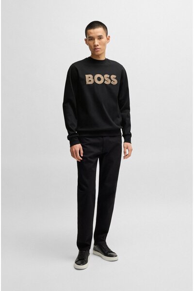 BOSS Erkek Normal Kesim Yuvarlak Yaka %100 Pamuklu Büyük BOSS Kabartmalı Uzun Kollu Siyah Sweatshirt 5053