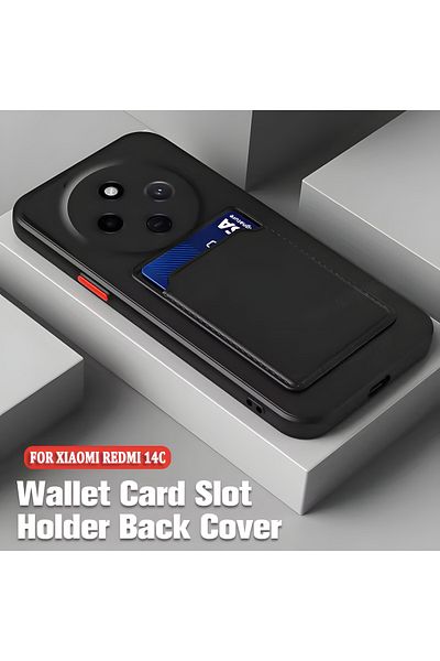Fibaks حافظة Xiaomi Redmi 14C متوافقة مع الكاميرا محمية بغطاء سيليكون أسود مع حامل بطاقة ومحفظة ومفاتيح حمراء