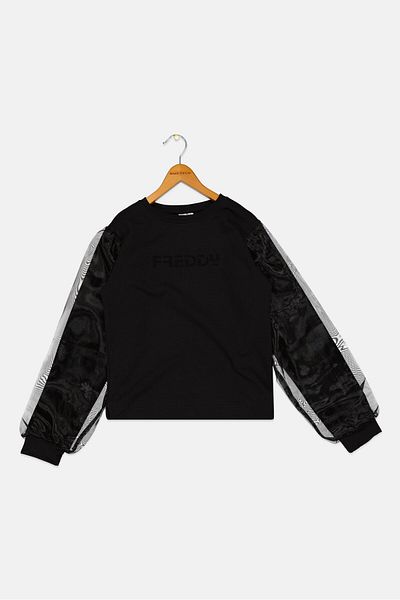 FREDDY Kids Girl Crew Neck Long Sleeves Embellished Sweatshirt, Black