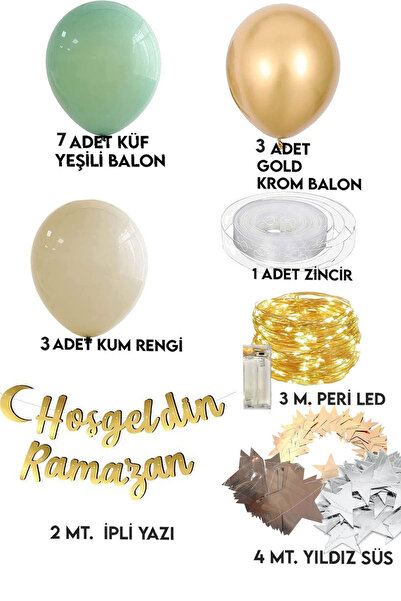 Parti dolabı Hoşgeldin Ramazan Gold Yazı Ledli Zincir Balon Seti 11 Ayın Sultanı Ramazan Bayramı Oda Süsleme Seti