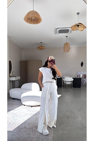 Buket Teke Trening cu etichetă Ecru cu detaliu și cu fantă în față