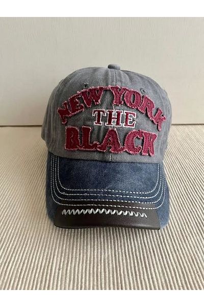 CosmoOutlet New York the Black Embroidered Adjustable Back 100% Cotton Navy Blue-Grey Color Unisex Hat