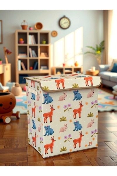 PH Prendi Home Wild Animals Büyük Boy Kapaklı Kirli Çamaşır Oyuncak Düzenleyici Saklama Kutusu Sepeti 40x50x30