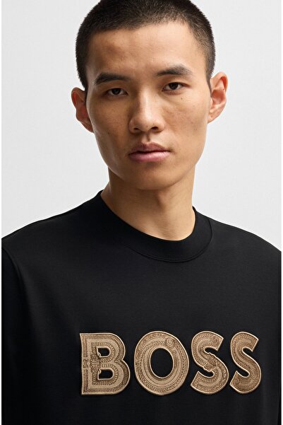 BOSS Erkek Normal Kesim Yuvarlak Yaka %100 Pamuklu Büyük BOSS Kabartmalı Uzun Kollu Siyah Sweatshirt 5053
