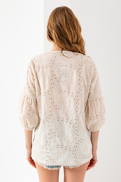 EtkiModa Women's Beige Balloon Sleeve Blouse with Embroidery Detail