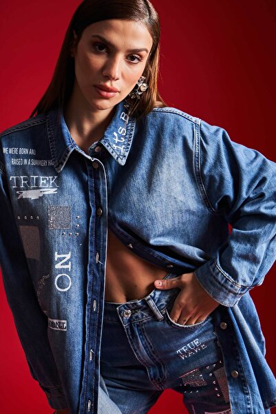 its basic Жіноча джинсова сорочка кольору 2S5-72 з принтом блискучий камінь оверсайз 100% бавовна дизайн джинсової сорочки