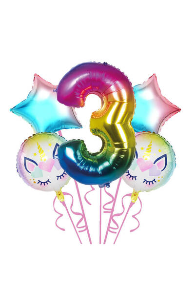 parti sürprizi مجموعة بالونات فويل يونيكورن من 3 سنوات من قوس قزح مكونة من 5 قطع