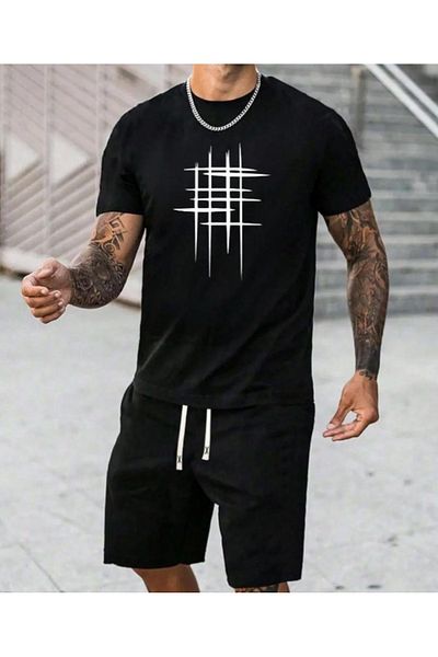 Tricou cu costum în dungi și pantaloni scurți cu rever pentru bărbați/femei