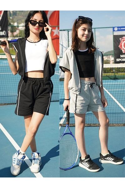 armicem Gray & Black- Zippered Jacket, Piping Shorts and Lycra Crop Set