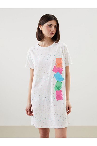 LC Waikiki Lcw Young Ecru Crew Neck Polka Dot Women's Nightgown