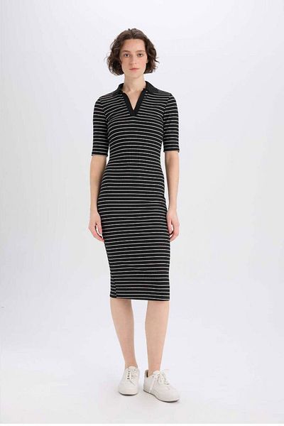 DeFacto فستان متوسط ​​الطول بأكمام قصيرة وياقة بولو من New Season Bodycon