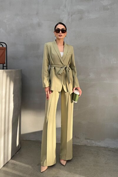 msm fashion Kadın Ikili Kuşaklı Blazer Ceket Pantolon Takım
