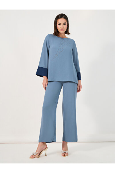 Styli Contrast Cuff Detail Embellished Top & Wide Leg Pants Modest Set