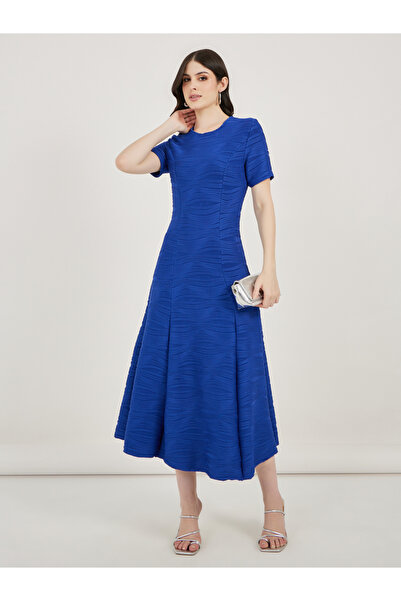 Styli Textured A-Line Midi Dress with Box Pleat